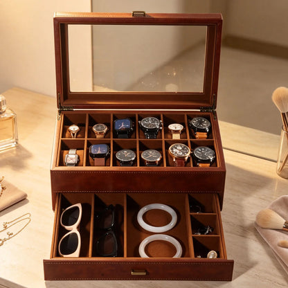 Boîte à Montre Homme 12 Compartiments Cuir Marron Vintage – Couvercle Vitré