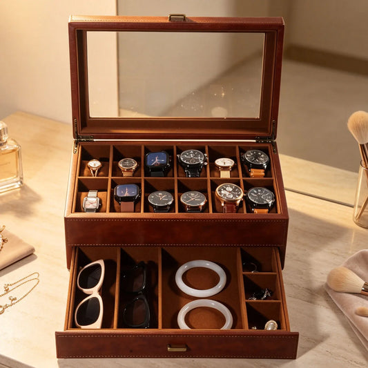 Boîte à Montre Homme 12 Compartiments Cuir Marron Vintage – Couvercle Vitré