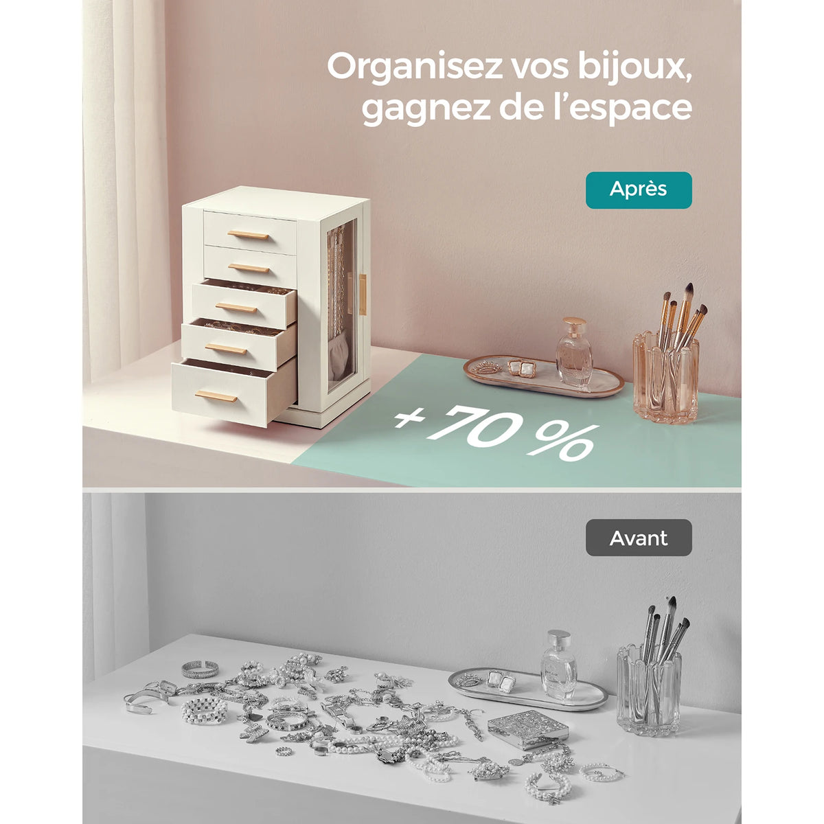 Boîte à Bijoux Rotative 360° – 5 Tiroirs, Fenêtres en Verre