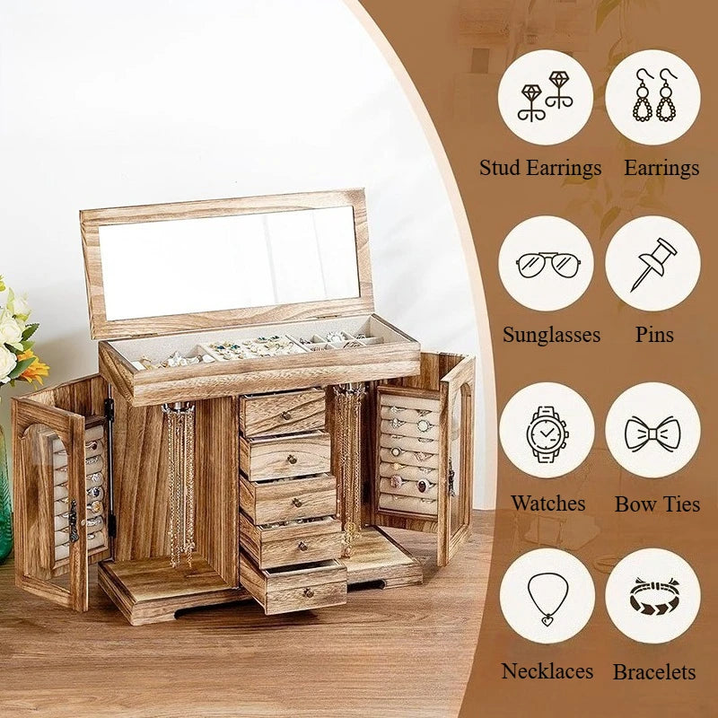 Grande Boîte à Bijoux en Bois Rétro – Format XL avec Miroir