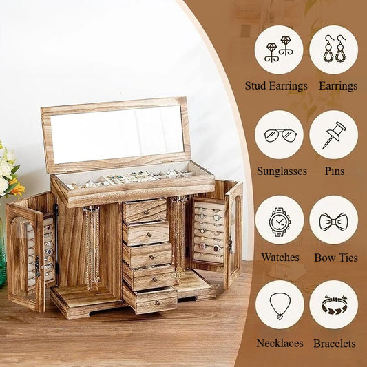 Grande Boîte à Bijoux en Bois Rétro – Format XL avec Miroir