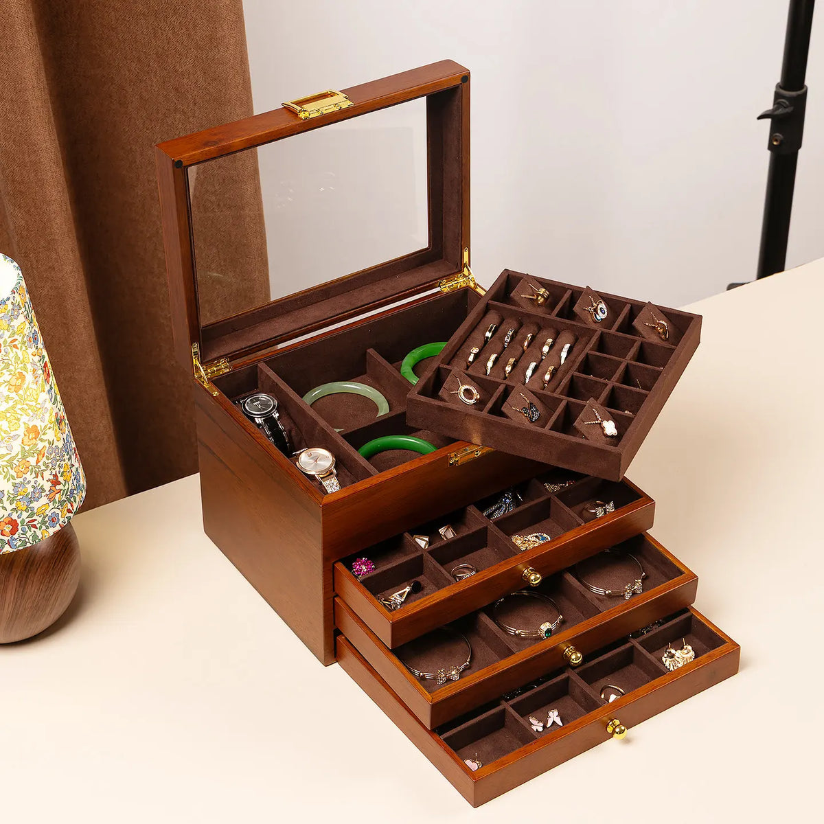 Boîte à Bijoux en Bois Massif Double Niveau avec Serrure