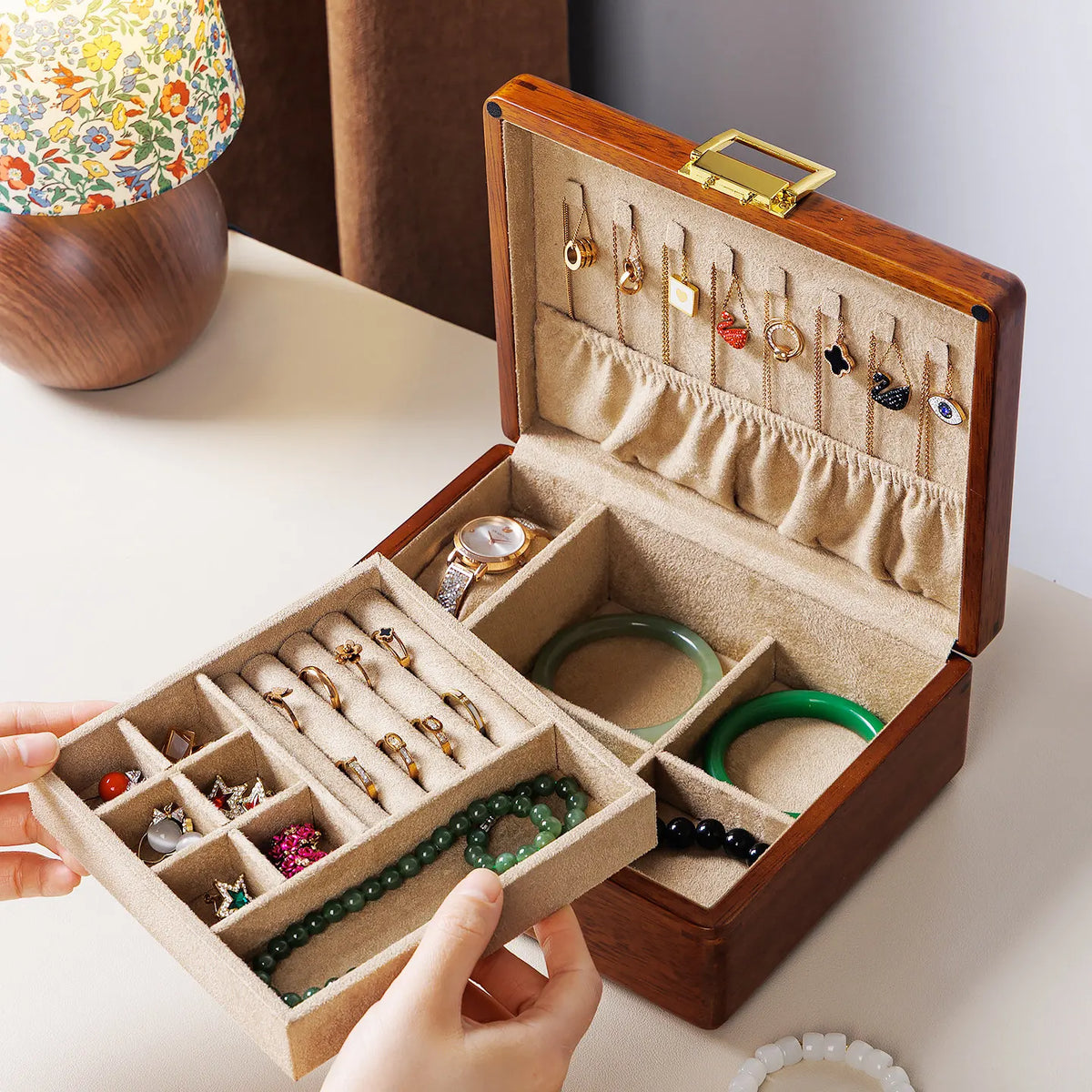 Boîte à Bijoux en Bois Massif Double Niveau avec Serrure