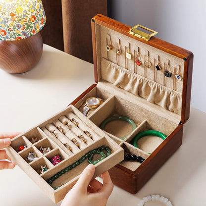 Boîte à Bijoux en Bois Massif Double Niveau avec Serrure
