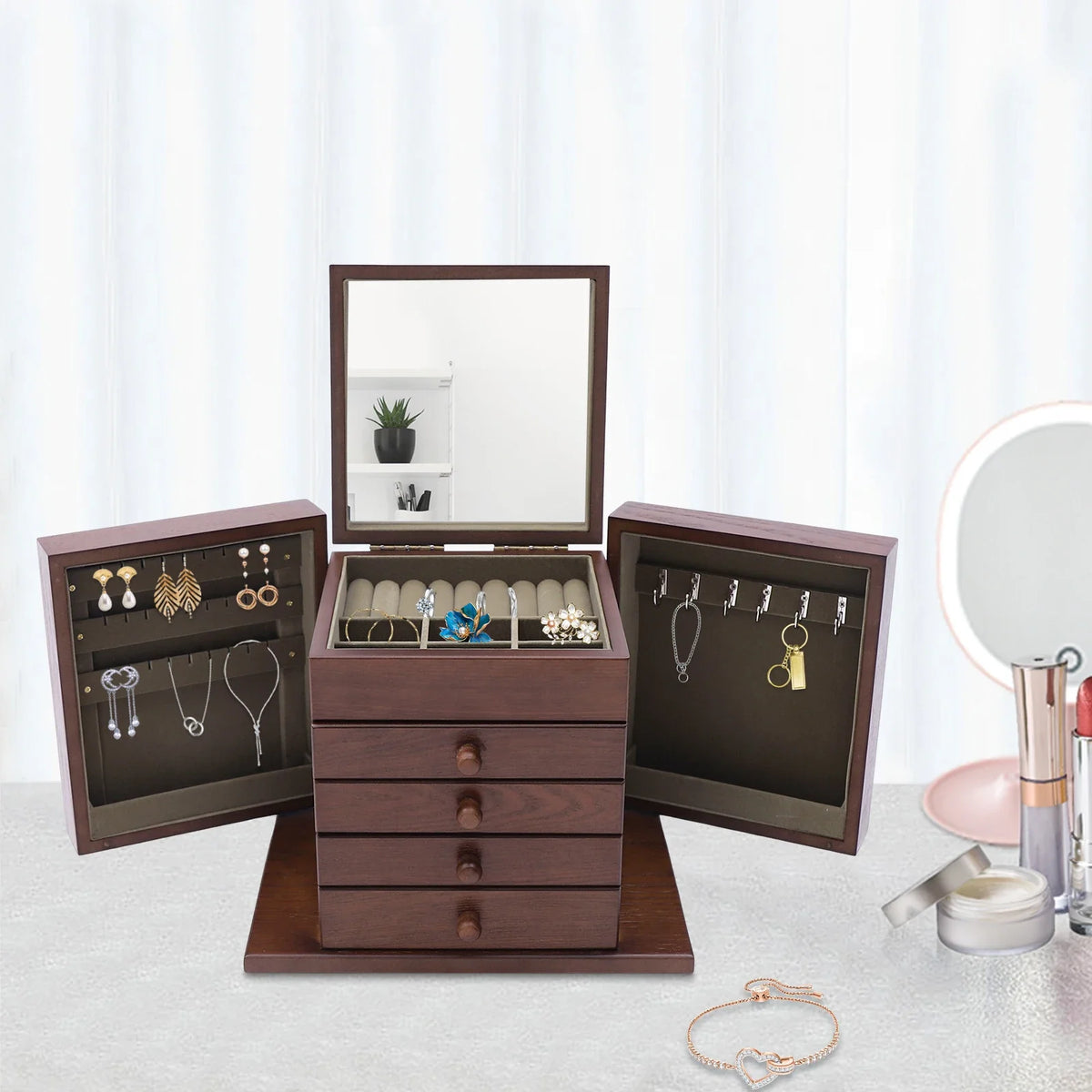 Boîte à Bijoux 5 Niveaux avec Miroir – Grande Capacité, Doublure Bois