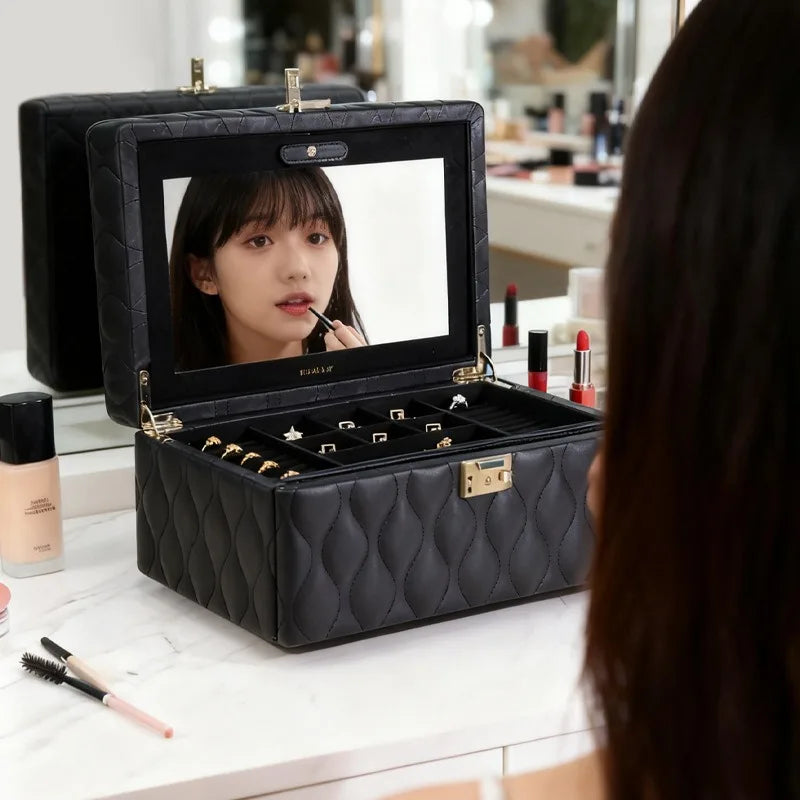 Boîte à Bijoux en Cuir Piqué – Grande Capacité avec Miroir