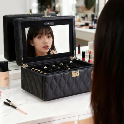 Boîte à Bijoux en Cuir Piqué – Grande Capacité avec Miroir