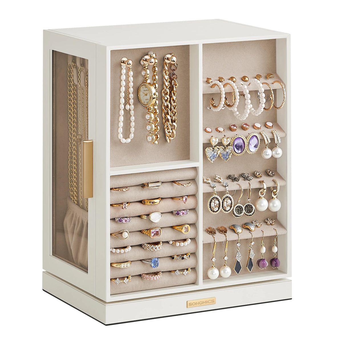 Boîte à Bijoux Rotative 360° – 5 Tiroirs, Fenêtres en Verre