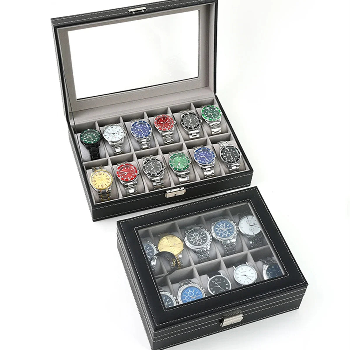 Boîte à Montre Homme 12 Compartiments Cuir PU Noir – Collection Vitrée