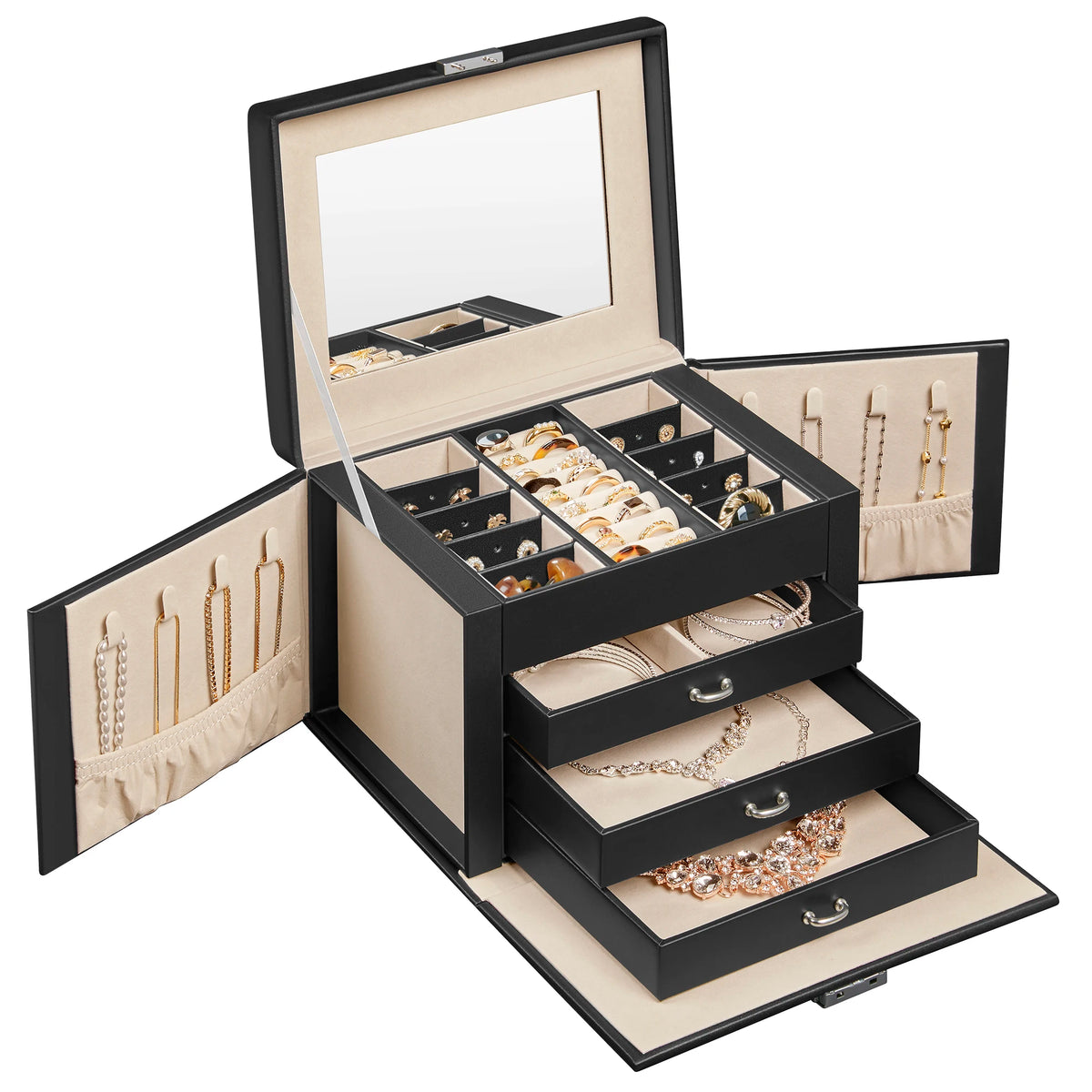 Boîte à Bijoux 4 Niveaux avec Poignées – 3 Tiroirs et Miroir