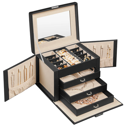Boîte à Bijoux 4 Niveaux avec Poignées – 3 Tiroirs et Miroir