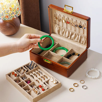 Boîte à Bijoux en Bois Massif Double Niveau avec Serrure