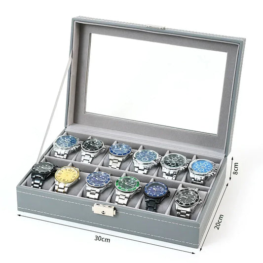Boîte à Montre Homme 12 Compartiments Cuir PU Gris – Collection Vitrée