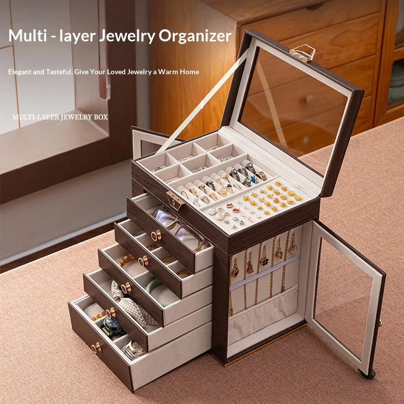 Boîte à Bijoux Multi-Niveaux 6 Étages – Fenêtres, Style Bois Vintage
