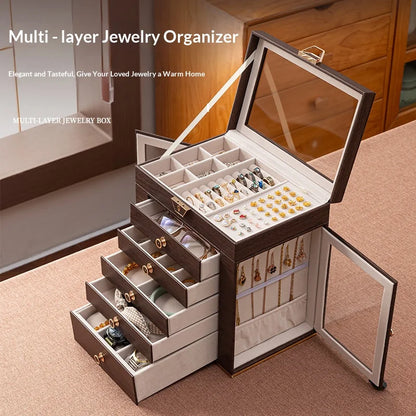 Boîte à Bijoux Multi-Niveaux 6 Étages – Fenêtres, Style Bois Vintage