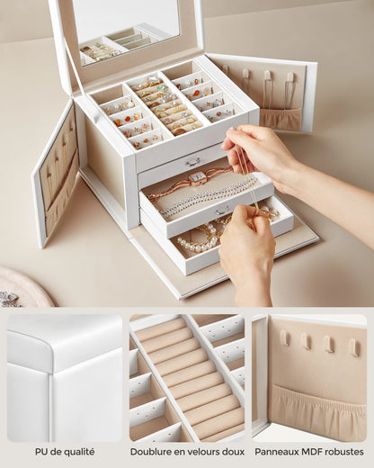 Boîte à Bijoux 4 Niveaux avec Poignées – 3 Tiroirs et Miroir