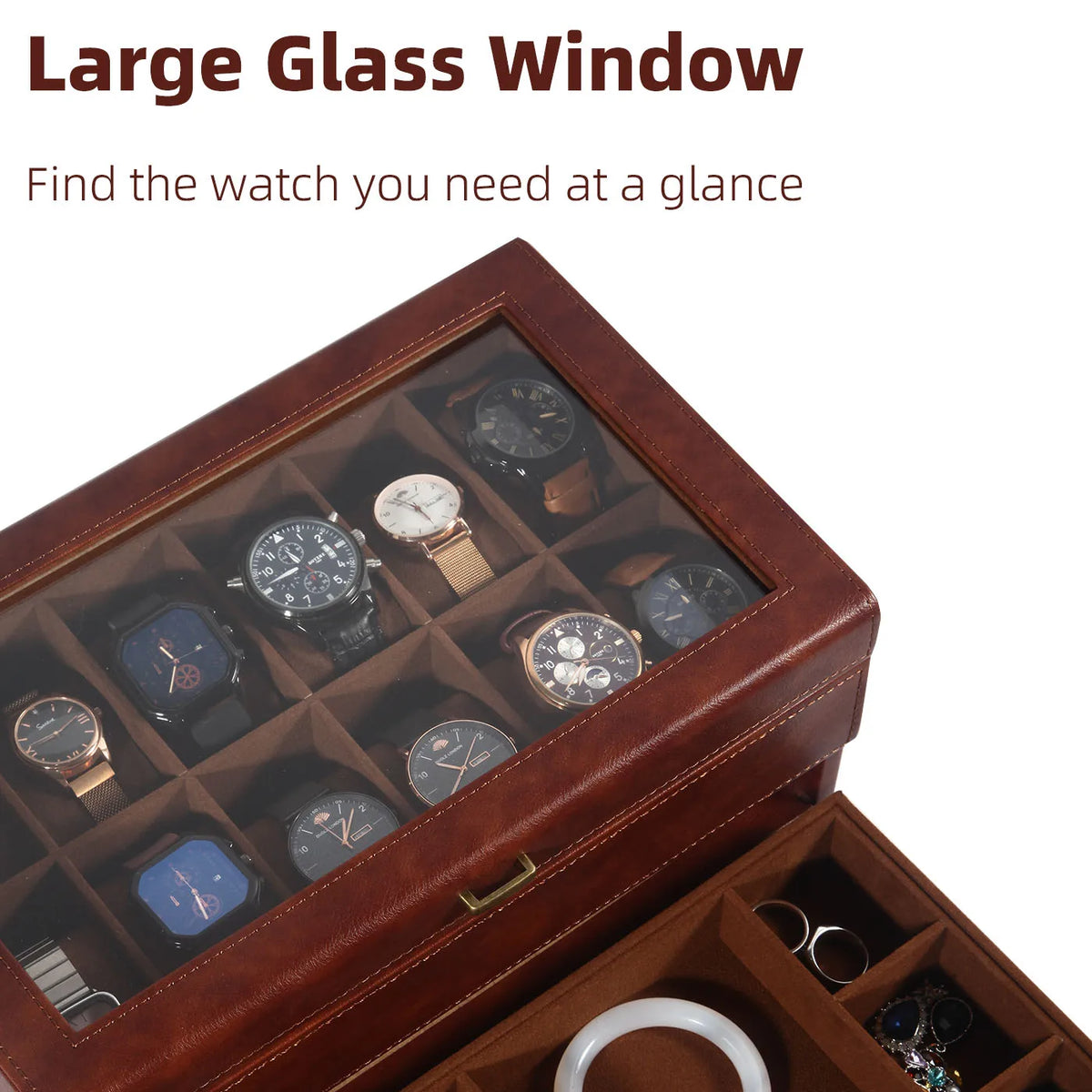 Boîte à Montre Homme 12 Compartiments Cuir Marron Vintage – Couvercle Vitré