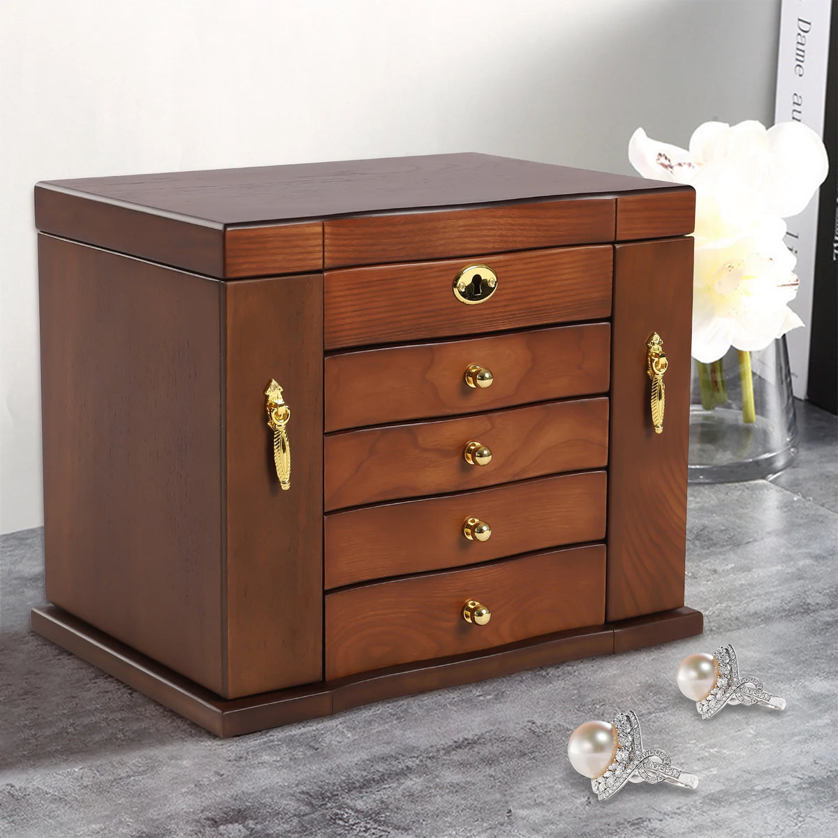Boîte à Bijoux en Bois 5 Niveaux avec Miroir – 4 Tiroirs, Fermeture à Clé