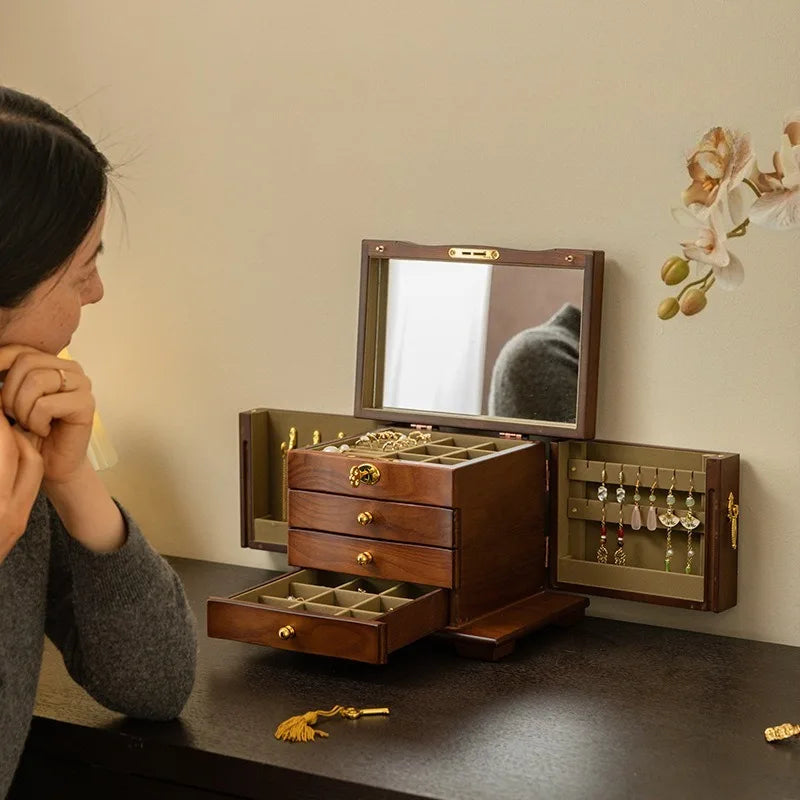 Boîte à Bijoux en Bois Massif Rétro – Grande Capacité avec Miroir