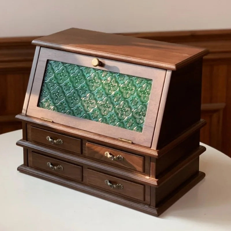 Boîte à Bijoux Vert Rétro en Bois – Grande Capacité