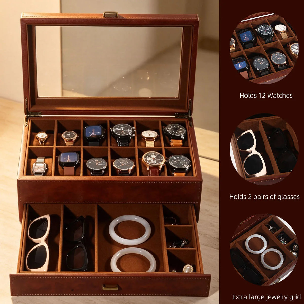 Boîte à Montre Homme 12 Compartiments Cuir Marron Vintage – Couvercle Vitré