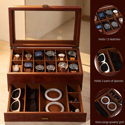 Boîte à Montre Homme 12 Compartiments Cuir Marron Vintage – Couvercle Vitré