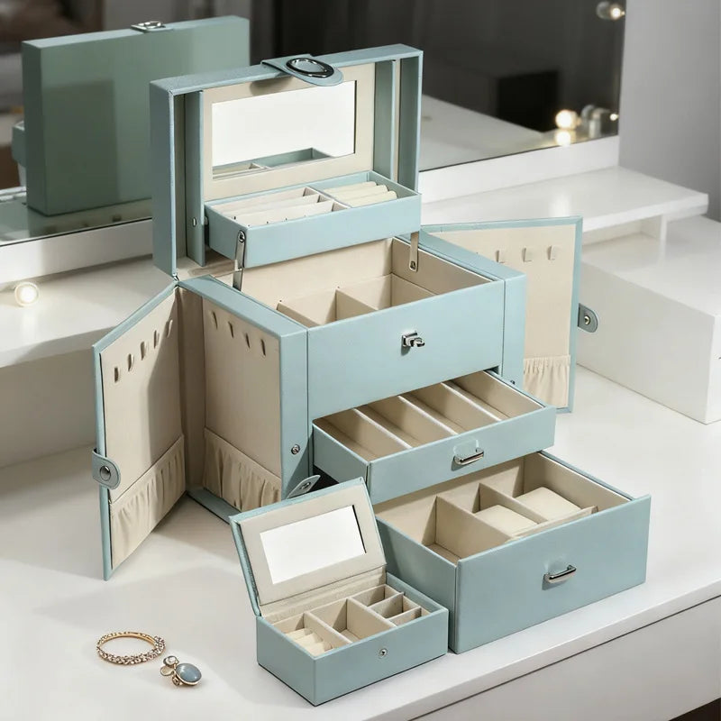 Boîte à Bijoux en Cuir Anti-Poussière – Grande Capacité avec Miroir