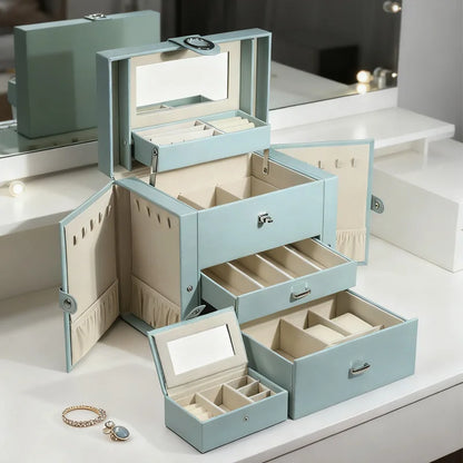 Boîte à Bijoux en Cuir Anti-Poussière – Grande Capacité avec Miroir