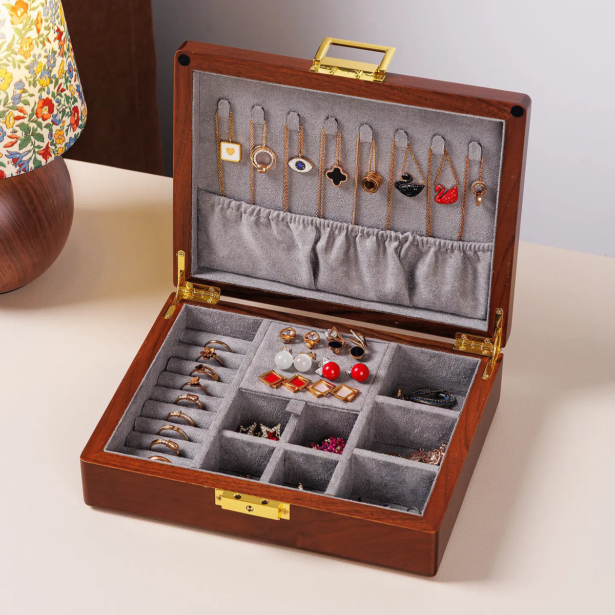 Boîte à Bijoux en Bois Massif Double Niveau avec Serrure