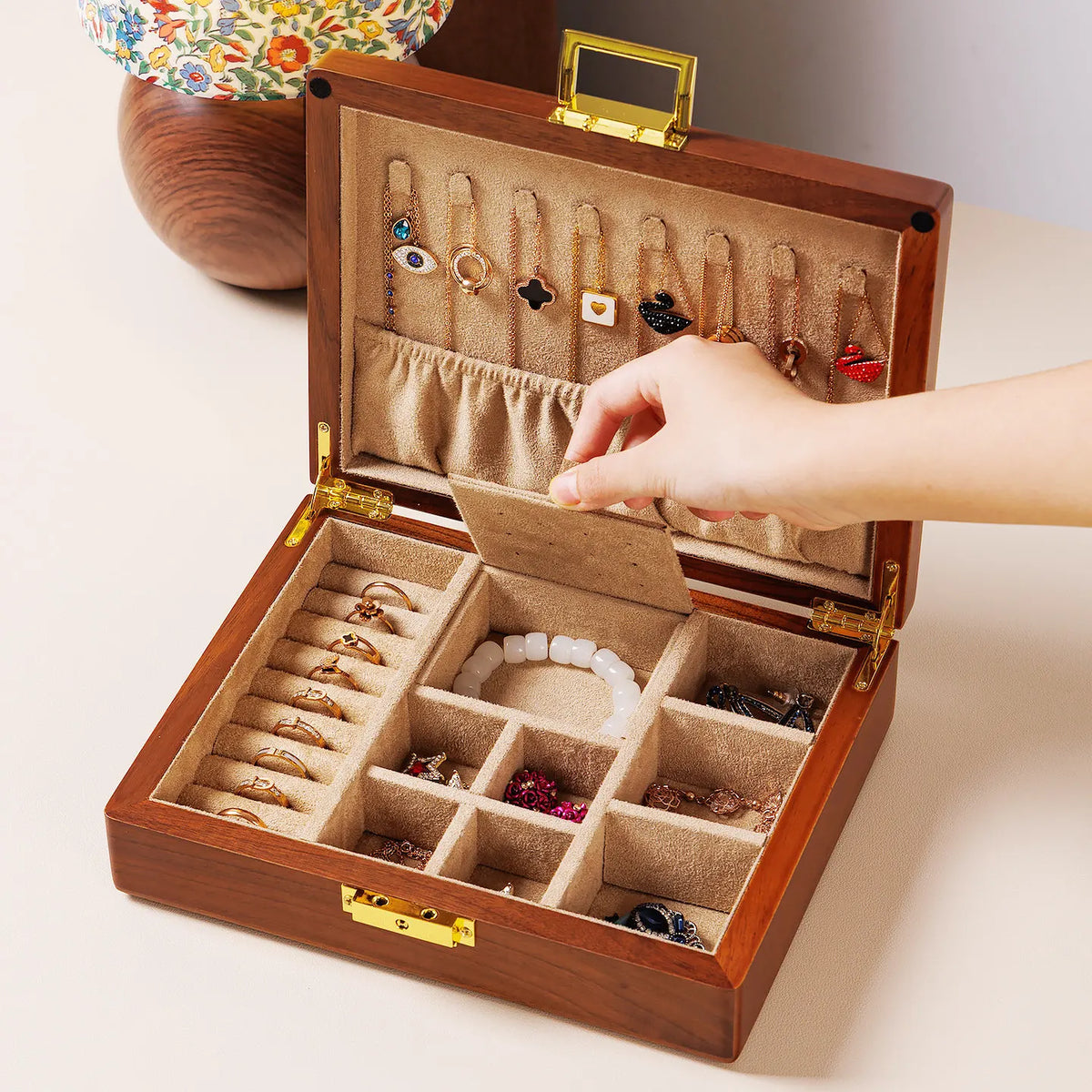 Boîte à Bijoux en Bois Massif Double Niveau avec Serrure