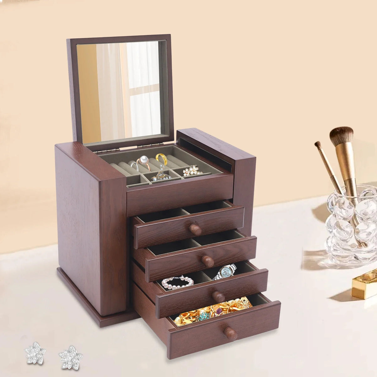 Boîte à Bijoux 5 Niveaux avec Miroir – Grande Capacité, Doublure Bois