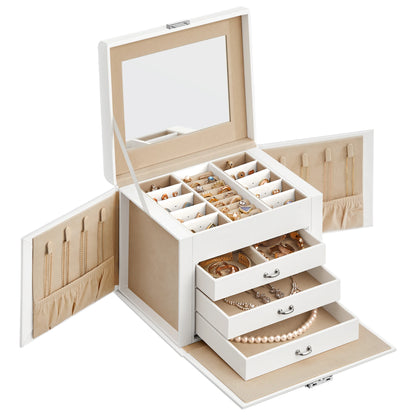 Boîte à Bijoux 4 Niveaux avec Poignées – 3 Tiroirs et Miroir