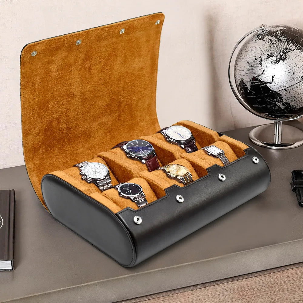 Étui de Voyage 6 Montres Cuir PU Marron – Coussins Coulissants