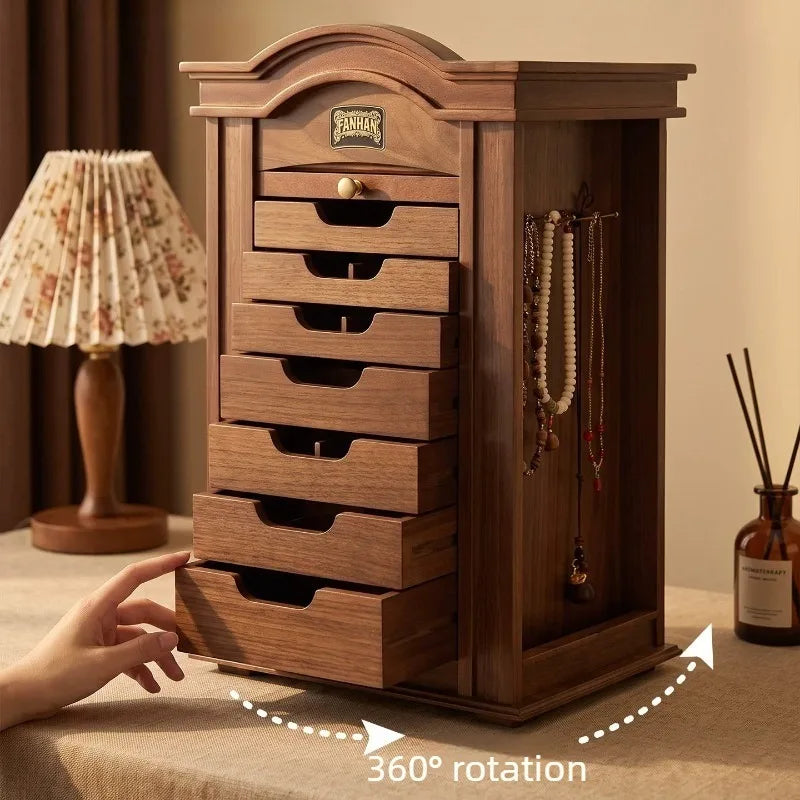 Grande Boîte à Bijoux Rotative en Bois – 7 Compartiments avec Serrure