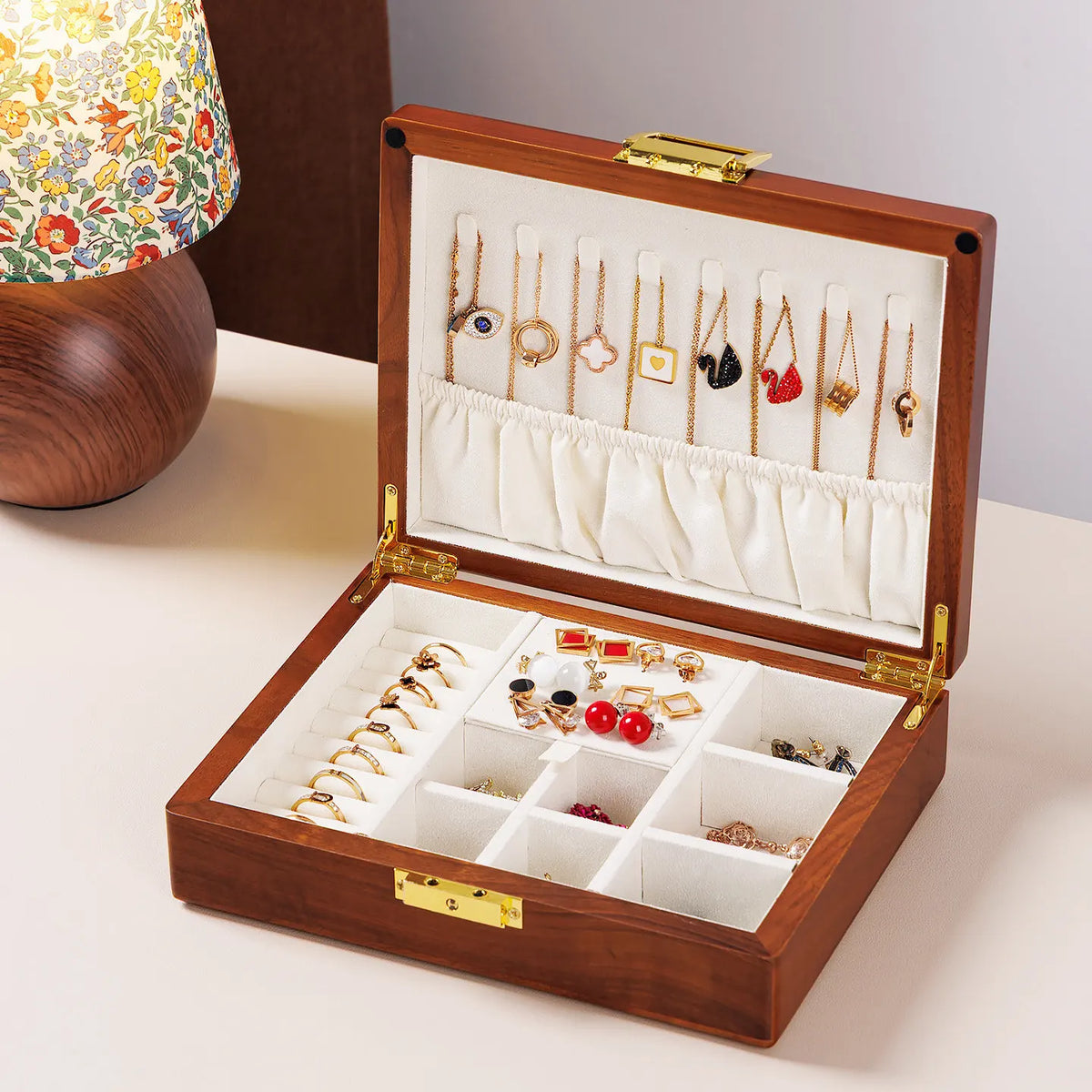Boîte à Bijoux en Bois Massif Double Niveau avec Serrure