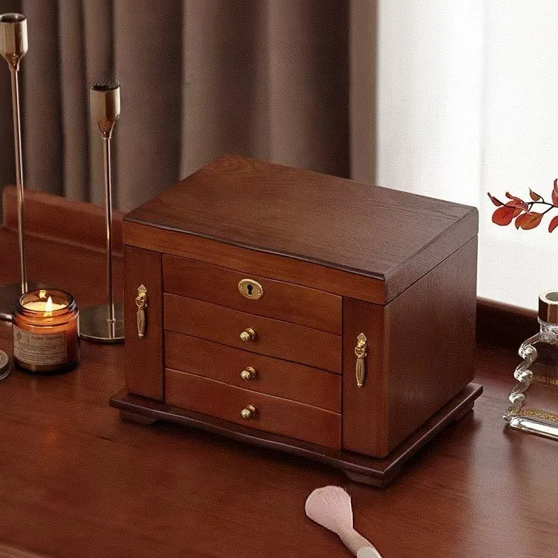Boîte à Bijoux en Bois de Noyer – 6 Compartiments avec Miroir