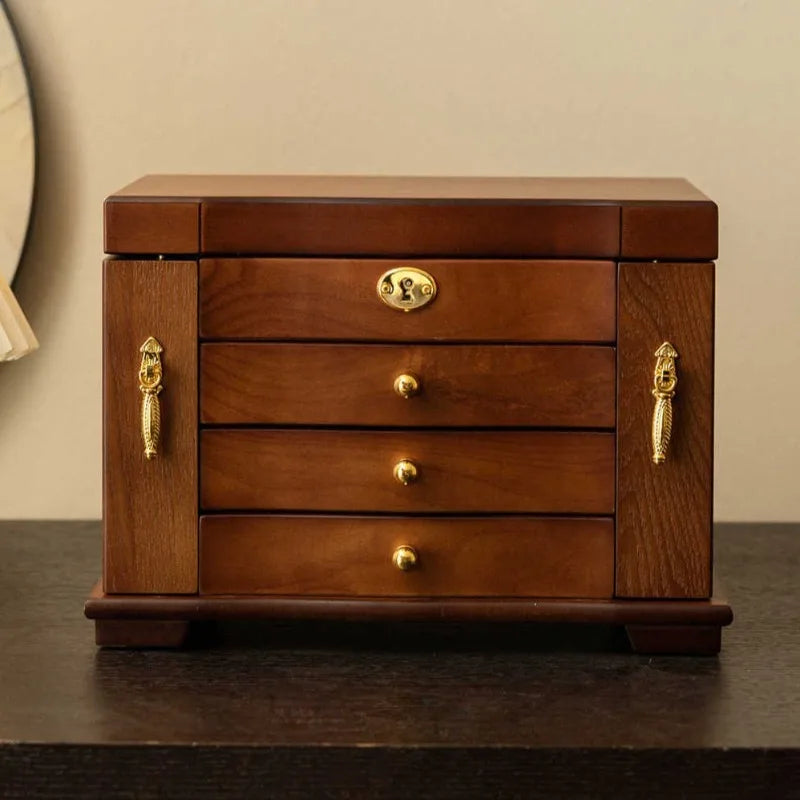 Boîte à Bijoux en Bois Massif Rétro – Grande Capacité avec Miroir