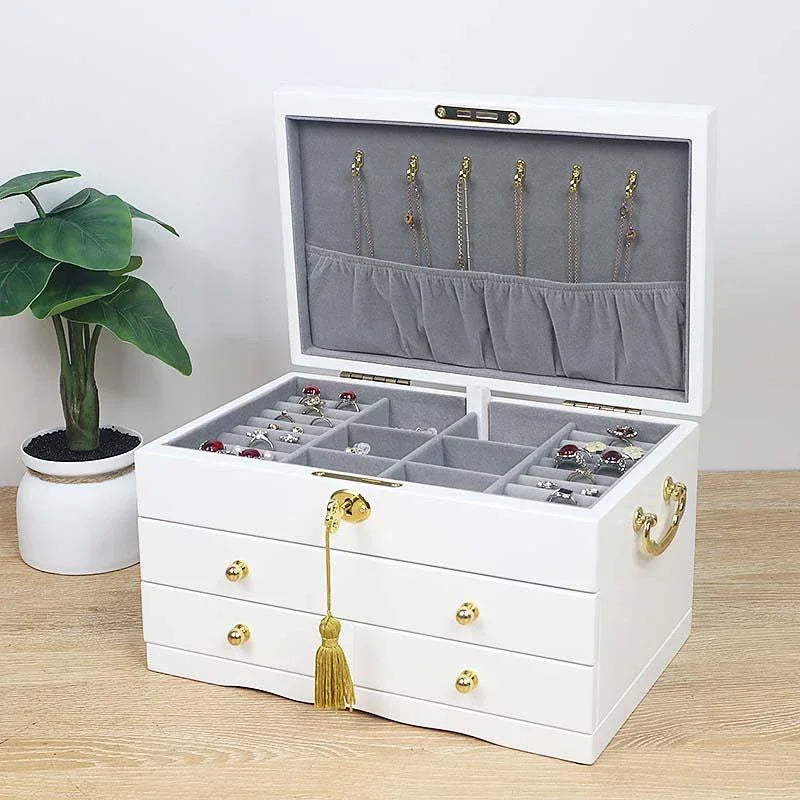 Boîte à Bijoux Blanche en Bois Massif – Portable avec Serrure