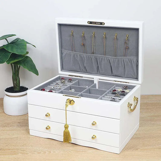 Boîte à Bijoux Blanche en Bois Massif – Portable avec Serrure