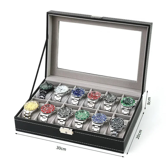Boîte à Montre Homme 12 Compartiments Cuir PU Noir – Collection Vitrée