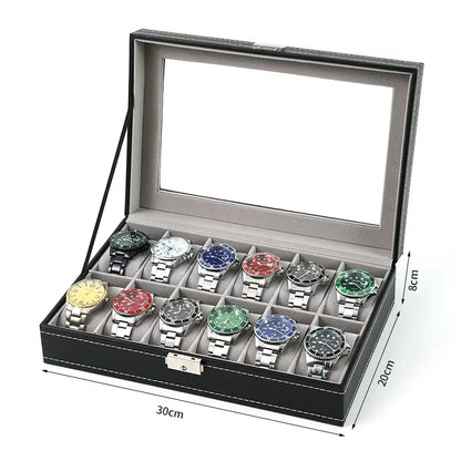 Boîte à Montre Homme 12 Compartiments Cuir PU Gris – Collection Vitrée