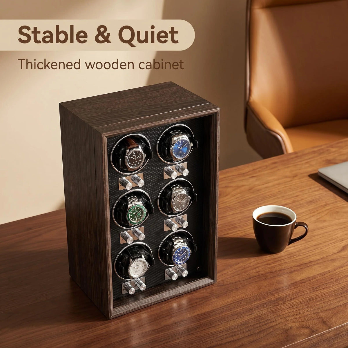 Boîte à Montre Automatique 6 Montres Bois Brun Vitrée – Cabinet Imposant