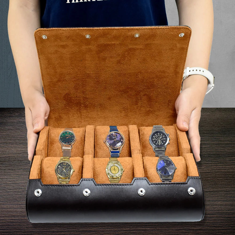 Étui de Voyage 6 Montres Cuir PU Marron – Coussins Coulissants