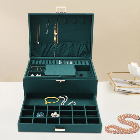 Boîte à Bijoux 3 Niveaux Vert Foncé – 15 Bagues, 10 Boucles, 18 Puces