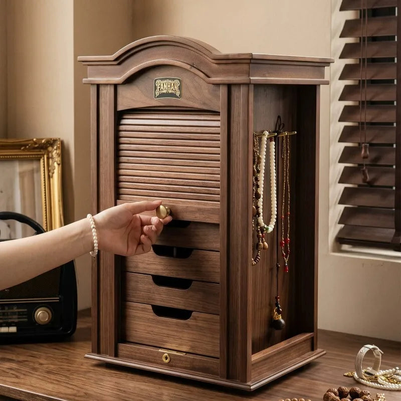 Grande Boîte à Bijoux Rotative en Bois – 7 Compartiments avec Serrure