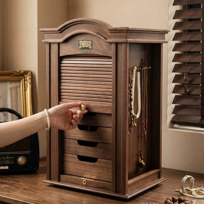 Grande Boîte à Bijoux Rotative en Bois – 7 Compartiments avec Serrure