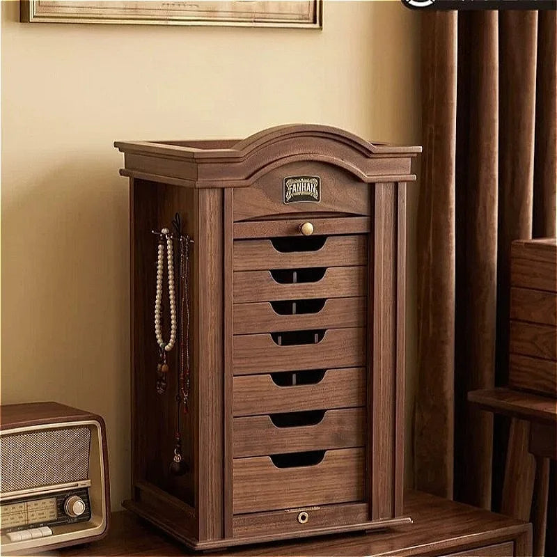 Grande Boîte à Bijoux Rotative en Bois – 7 Compartiments avec Serrure