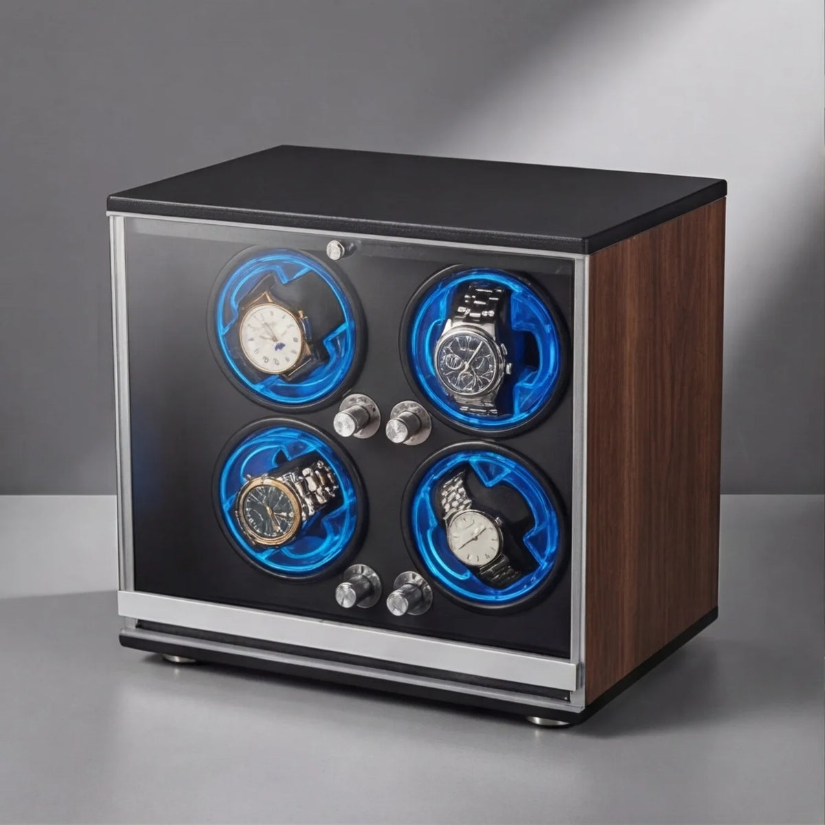 Remontoir 4 Montres Noyer LED Bleue