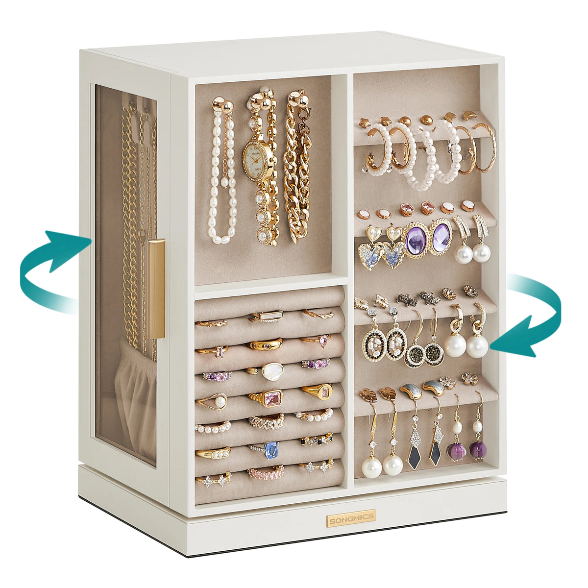 Boîte à Bijoux Rotative 360° – 5 Tiroirs, Fenêtres en Verre