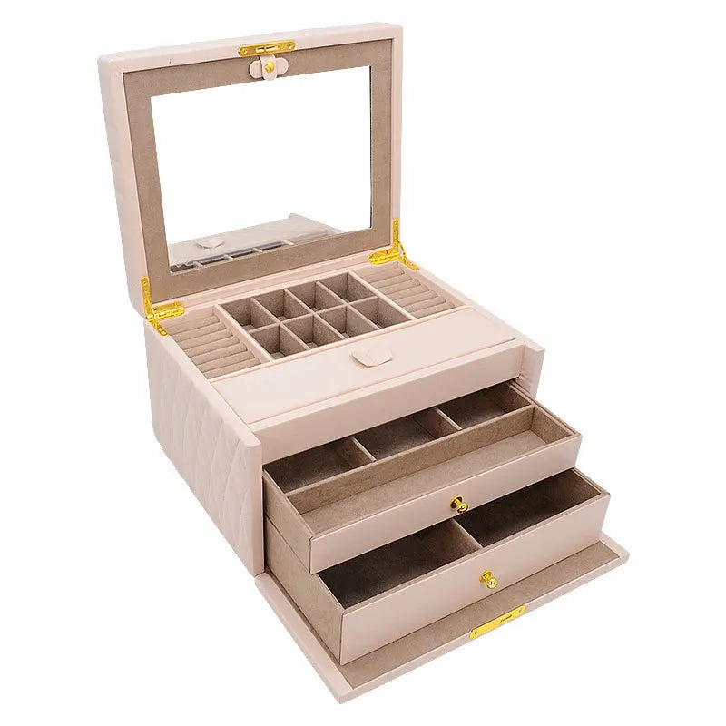Coffret Bijoux Simili Cuir Beige Miroir